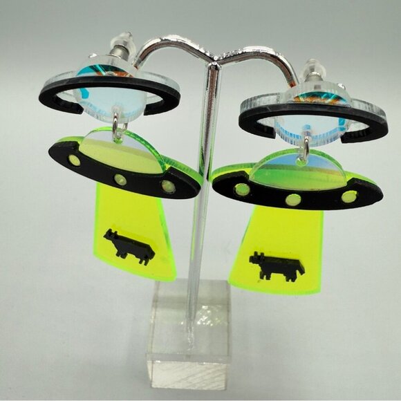 Alien Cow Spaceship Earrings - Neon Green and Black - Acrylic Earrings Pierced - Picture 6 of 7